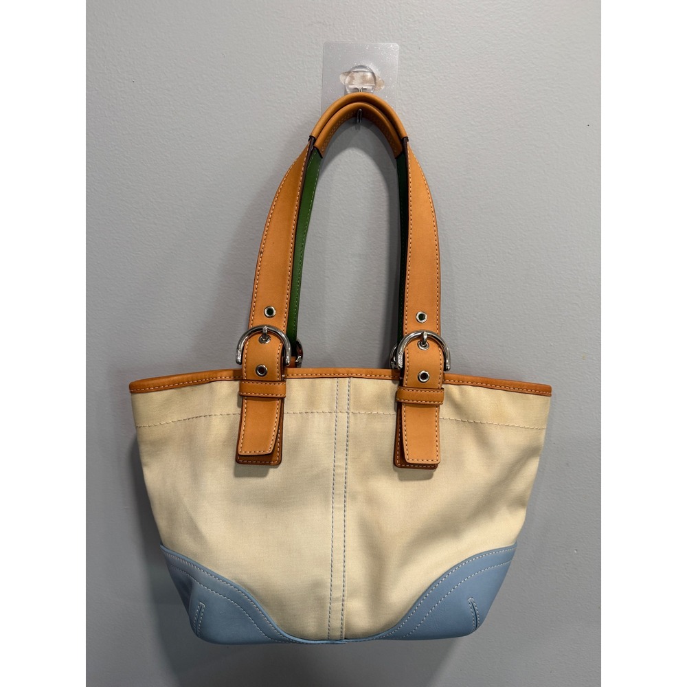 Coach Hampton Canvas Tote Bag Beige Blue Leather Trim Green‎ Lining L3J-4428